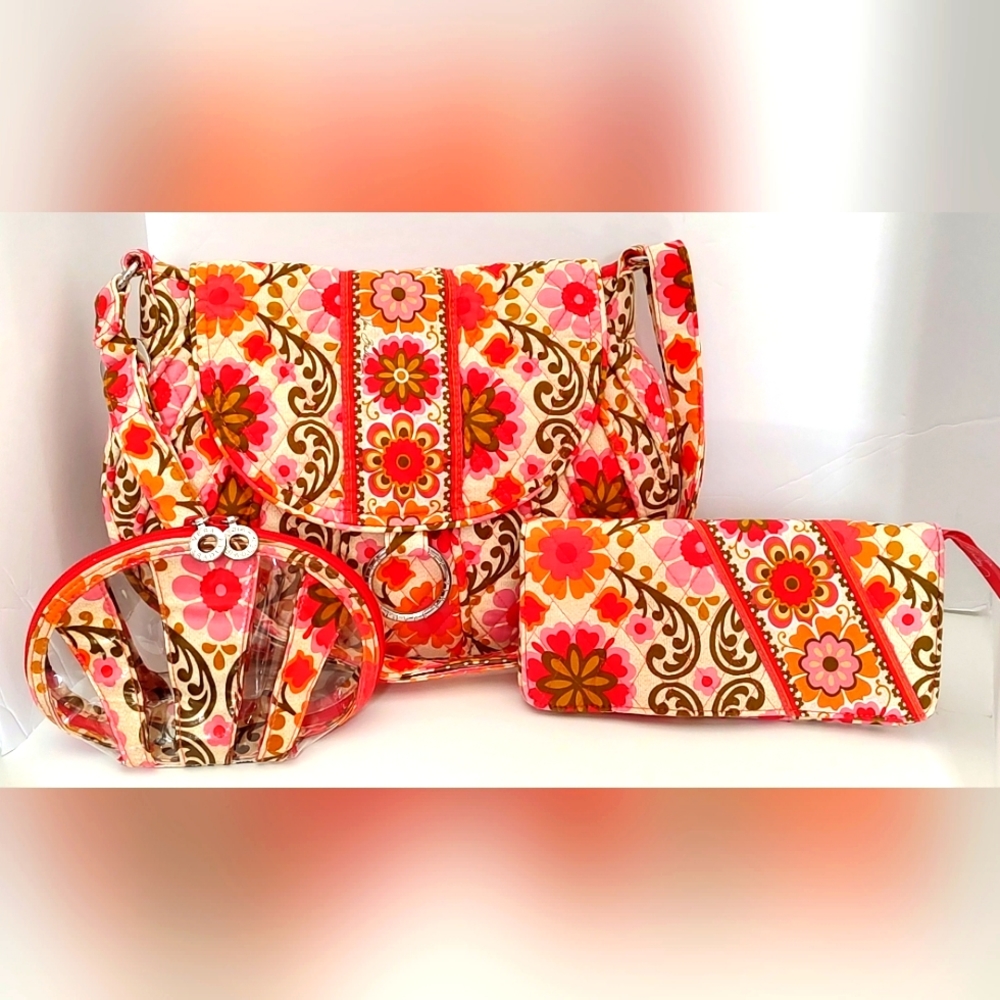 Vera Bradley Pink/Orange/Red Floral Purse with Wallet/Makeup Bag